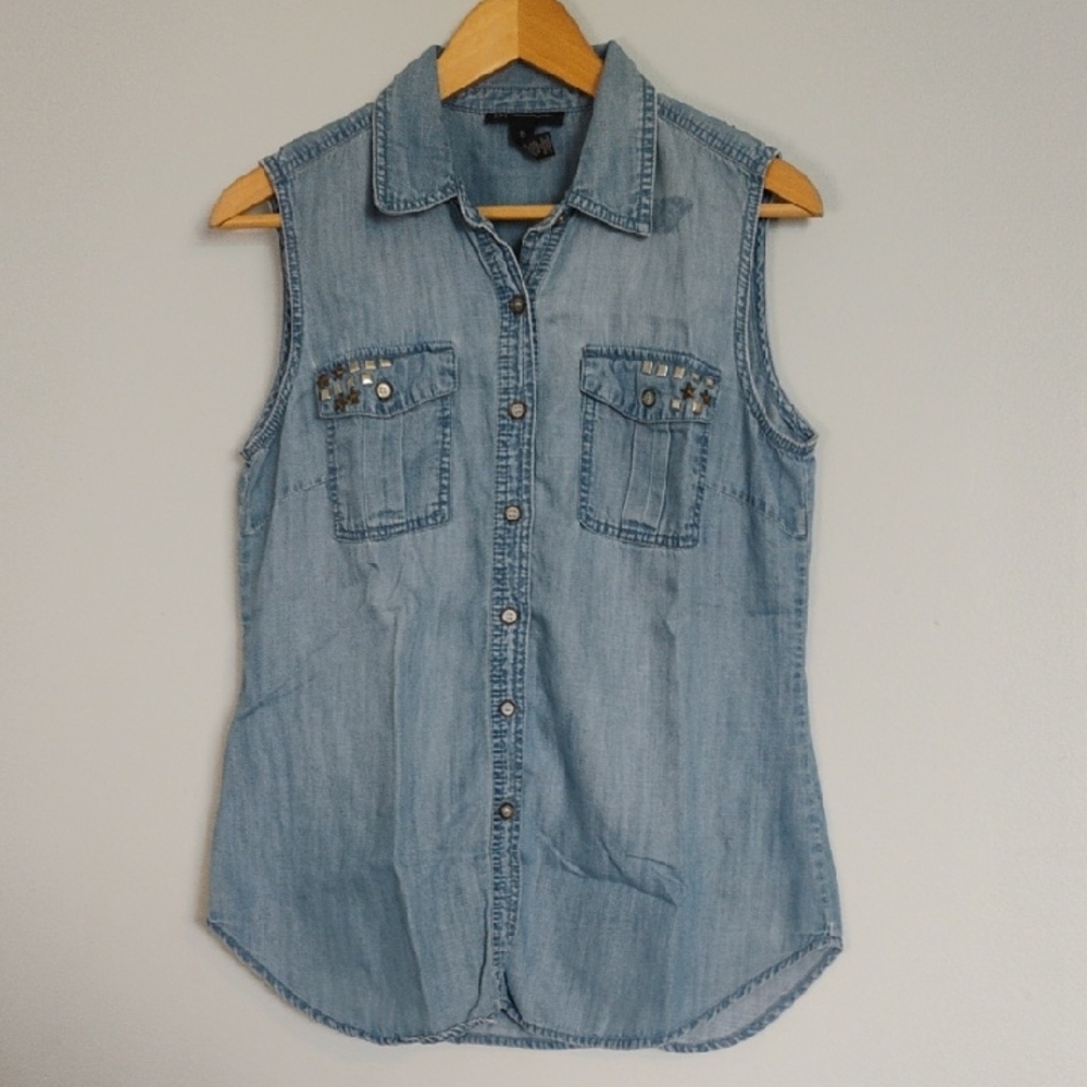 INC International Concepts Women's 8 Blue Chambray Embellished Sleeveless Top